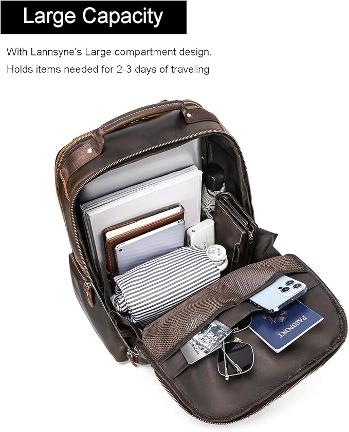 LANNSYNE Vintage Mens Full Grain Leather Backpack Fits 17.3 Inch Laptop, Large Casual Rucksack Shoulder Bag For Travel/Camping/Hiking-Brown