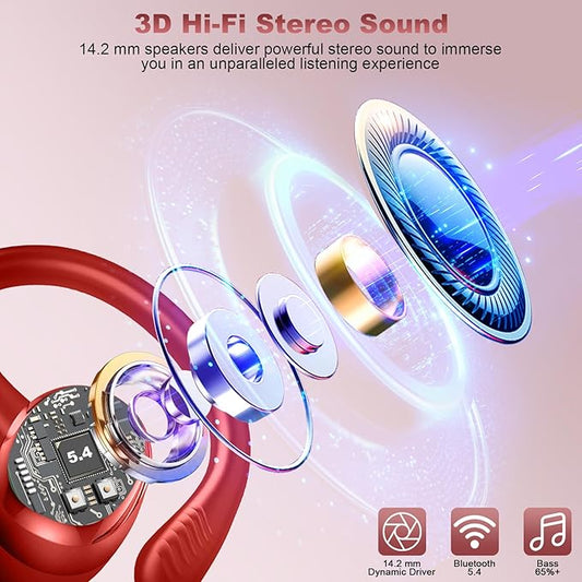 Wireless Earbuds Sport, 2025 Bluetooth 5.4 Headphones with Earhooks, 50H Stereo Deep Bass Over Ear Buds with 4 ENC Noise Canceling Mics, IP7 Waterproof Earphones for Running Workout Gym -Red
