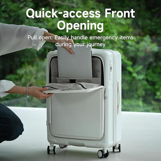 ROAMING Expandable 24-Inch Checked Luggage with Mute Brake Wheels Airline Approved Hard Shell Suitcases with Front Pocket Top Opening Luggage with TSA Lock for Short Business Travel, Beech white