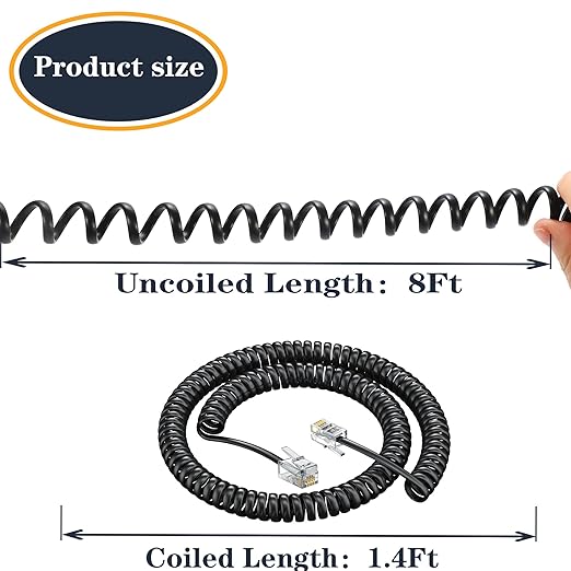RJ9 4P4C Telephone Cord,Telephone Handset Cord,Coiled Wire 10 Pack 8Ft Uncoiled / 1.4Ft Coiled Landline Phone Handset Cable RJ9 4P4C Telephone Accessory -10 Pack