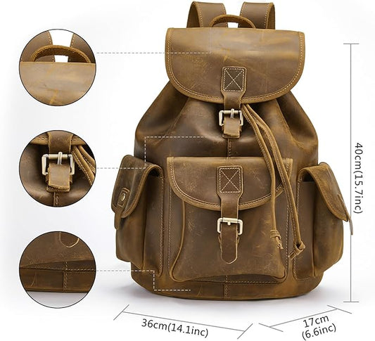 Backpack for Men Women Vintage Crazy Horse Full Leather Travel Daypack 15.6" Laptop Rucksack
