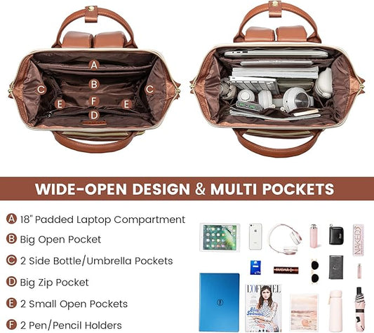 LOVEVOOK Leather Backpack for Women,18 inch Leather Laptop Backpack Women,Professional Work Backpack Nurse College Teacher Bag,Womens Laptop Tote Bag Computer Travel Backpack Purse,Beige White-Brown