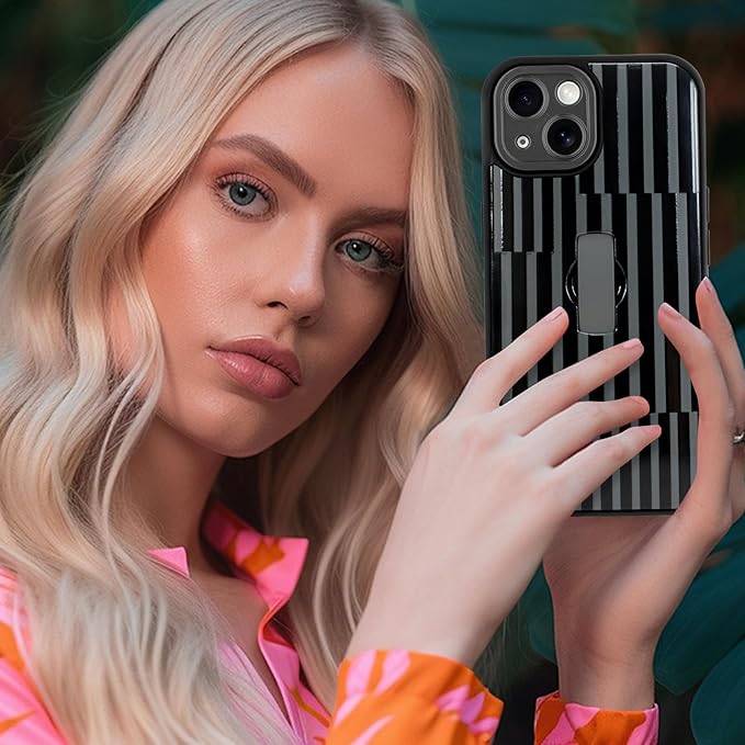 Compatible with iPhone 14 Case with Finger Hand Strap Kickstand, Trendy Cool Striped Phone Case for Women Men, Full Camera Protection Shockproof Protective Cover, Black Stripes