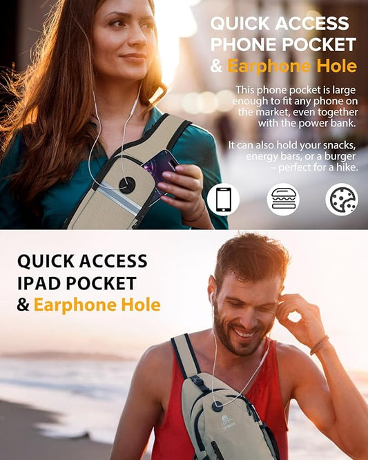 Sling Bag for Women, Crossbody Bag for Men, Cross Body Hiking Backpack, Travel Daypack, Chest Pack with Chest Phone Holder