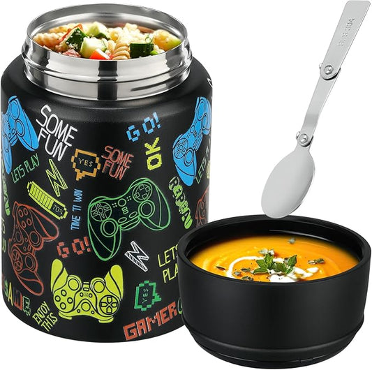 17oz Soup Thermo for Hot Food Kids Insulated Food Jar,Thermo Hot Food Lunch Container, Width Mouth Stainless Steel Lunch Box for Kids with Handle Folding Spoon(Black - Game Console)