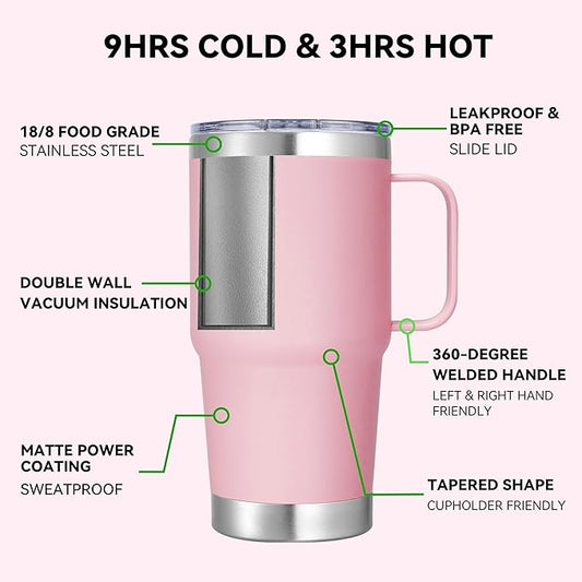 20 oz Stainless Steel Tumbler with Handle Metal Insulated Coffee Travel Mug with Handle Double Wall Tumbler Cup with Handle and Lid, Pink 1 Pack