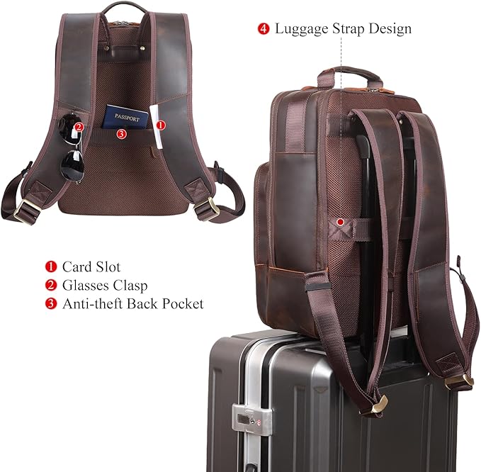 TIDING Full Grain Leather Backpack for Men, Vintage 15.6 Inch Laptop Bag Casual Bookbag Work Business Daypacks