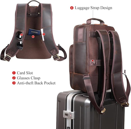 TIDING Full Grain Leather Backpack for Men, Vintage 15.6 Inch Laptop Bag Casual Bookbag Work Business Daypacks