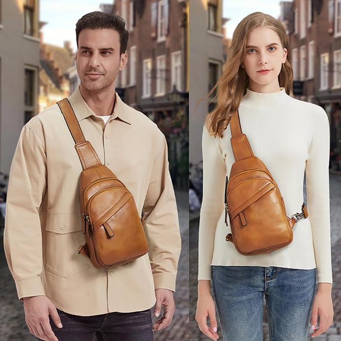 Genuine Leather Silng Bag for Men and Women Vintage Leather Sling Backpack Fashion Shoulder Crossbody Bag Chest Purse