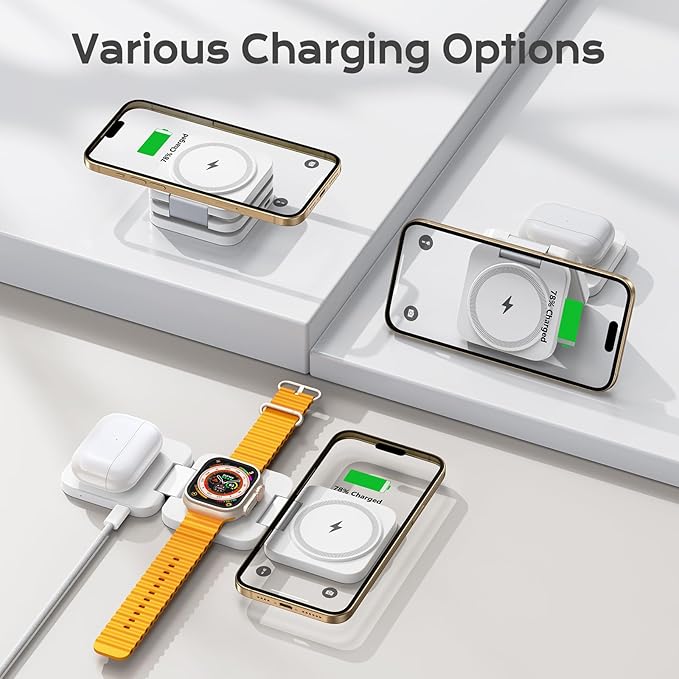 Wireless Charger for iPhone, KU XIU 3 in 1 Travel Charging Station for iPhone 17/16/15/14/13/12 Series, 5W Foldable Charger for Apple Watch10/9/8/7/6/5/4/3/SE, for Airpods 4/3/2/Pro