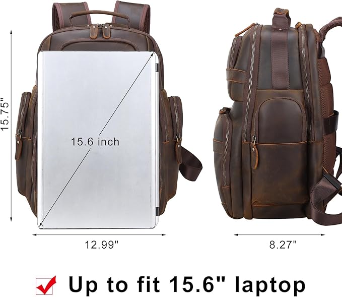 TIDING Men's Vintage Leather Backpack 15.6" Laptop Bag Large Capacity Business Travel Hiking Shoulder Daypacks