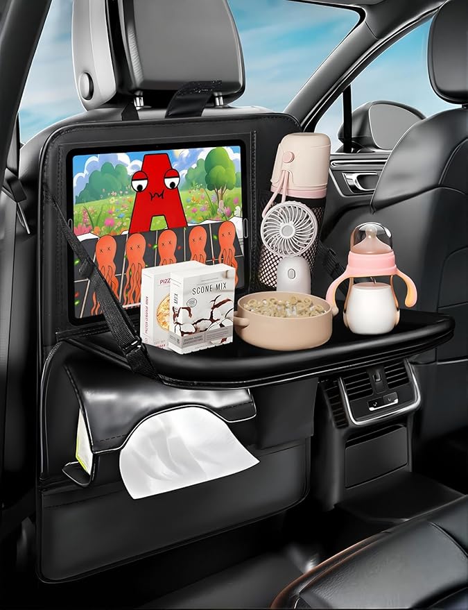 1-Pack Leather Car Backseat Organizer with Tablet Holder–Foldable Food Tray,Storage Pockets,Trash Can,Tissue Holder & Insulated Bag–Kick Mats Protector for Kids,Travel Accessories Organizer