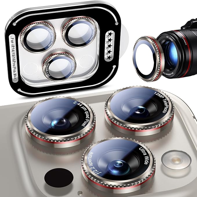 Uyiton for iPhone 17 Pro Max/17 Pro/16 Pro Max/16 Pro/15 Pro Max/15 Pro/14 Pro Max/14 Pro Camera Lens Protector - Military-Grade Tempered Glass Metal Camera Cover, Easy to Install, Gearwheel Gray+Red