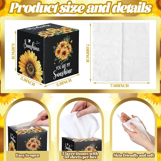 12 Pack Summer Sunflower Facial Tissues Cube Boxes 600 Sheets 3 Ply Small Square Face Tissues Bulk for Summer Car Bedroom Supplies