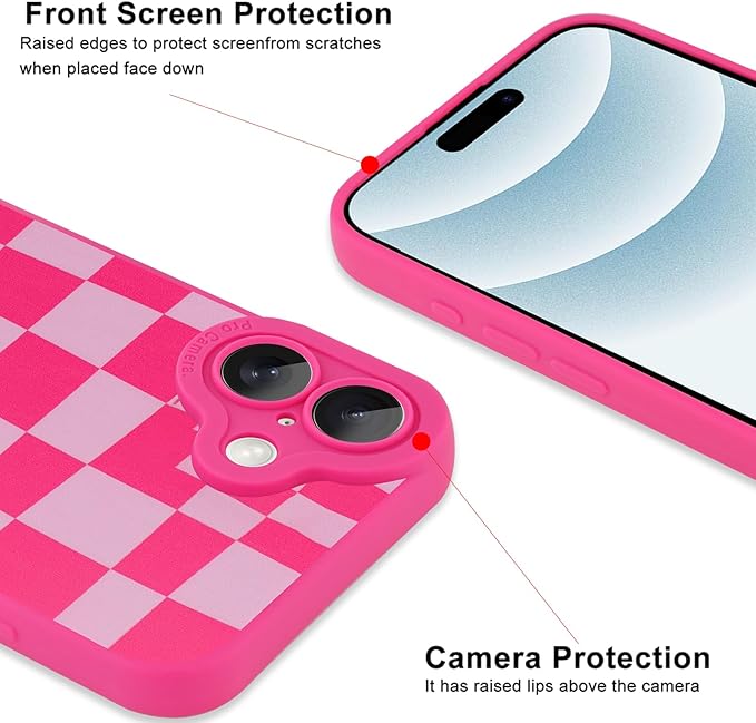 ZIYE for iPhone 16 Plus Case Hot Pink Grids Plaid Checkerboard Pattern Phone Case with Camera Protection,Soft TPU Silicone Rubber Protective Cover Grid Checkered Chess Design Cases