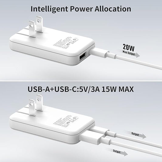 Ultra-Thin 20W USB-C PD Fast Portable Charger, 2-Port Wall Charger, Dual Port PD 3.0& QC 3.0 Compatible for iPhone 15 &15 Pro, 14&14Pro, 13/ 13Pro/ 12/12Pro/ Pixel 8& 8 Pro