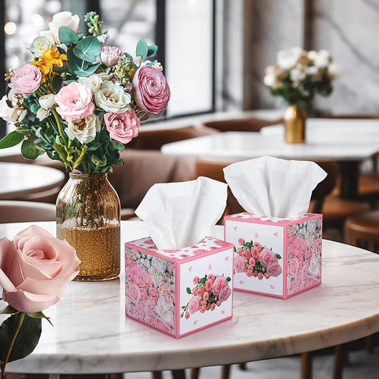 12 Pack Summer Rose Floral Facial Tissues Cube Boxes 600 Sheets 3 Ply Pink Small Square Flower Face Tissues Bulk for Summer Car Bedroom Supplies