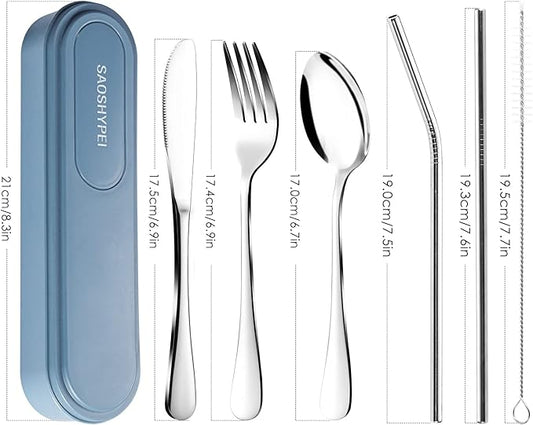 Portable Utensils Set with Case, 4pcs Stainless Steel Reusable Silverware for Lunch Camping School Picnic Workplace Travel, Lunch Box Includ Fork Spoon Knife,Easy to clean,Dishwasher Safe(Black)