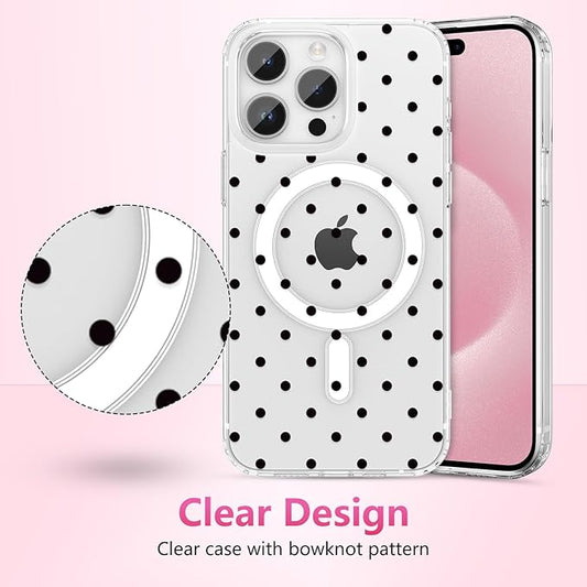 ZTOFERA Magnetic for iPhone 15 Pro Max Case,Cute Polka Dot Phone Case Aesthetic Striped Clear Trendy Slim Soft Shockproof Protective Phone Cover for Women Girls, Black Dot