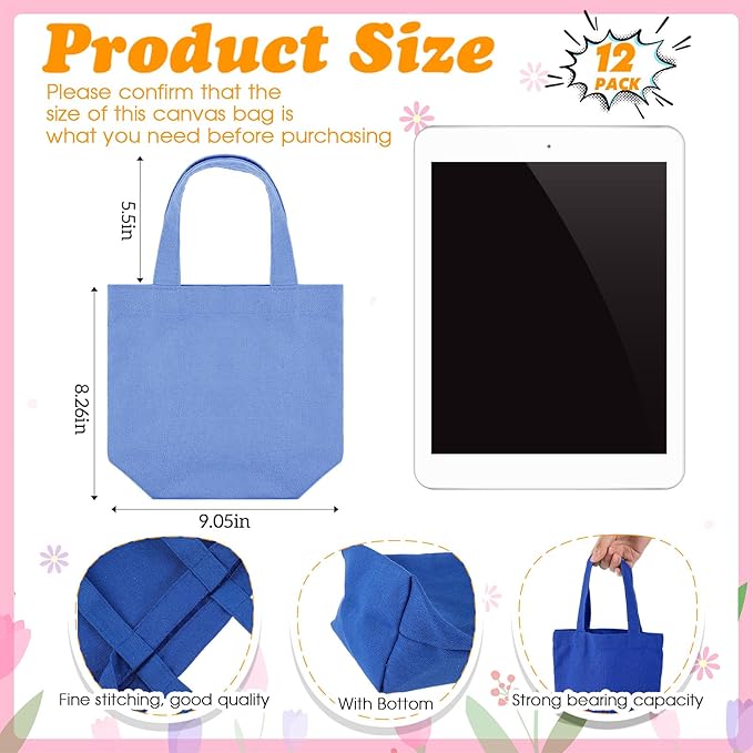 Amylove 12 Pcs Mini Tote Bag Sublimation Blank Canvas Tote Bags Reusable Grocery Luggage DIY Sack Goody for Party Even (9 x 8 Inch,Vibrant Color)