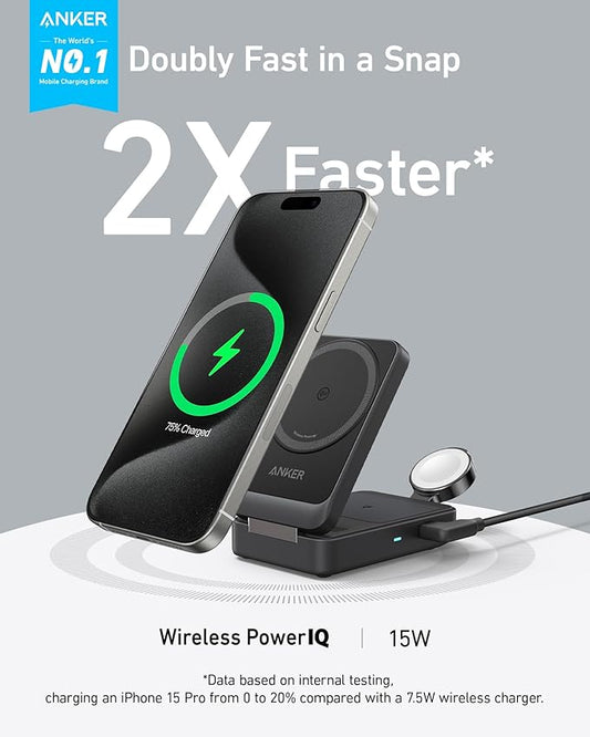 Anker MagGo 3 in 1 iPhone 17 Charging Station, MagSafe-Compatible Wireless Charger Stand, Qi2 Certified 15W Foldable Charger for iPhone 17/16/15/14/13/12, AirPods, Apple Watch Ultra(Adapter Included)