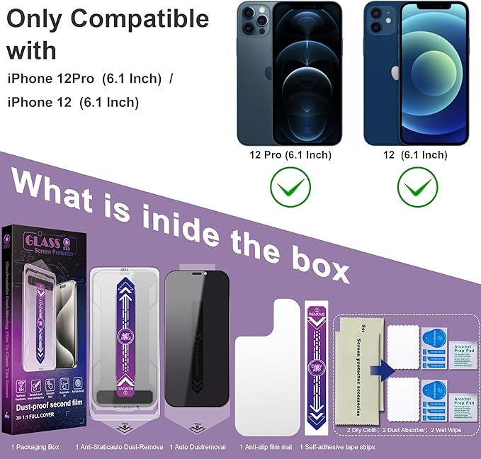 CHISHA 2-Pack Privacy Screen Protector for iPhone 12 Pro and iPhon 12 6.1-Inch, Auto Dust Removal, No Bubbles,Anti-Spy Tempered Glass Film, Easy Installation