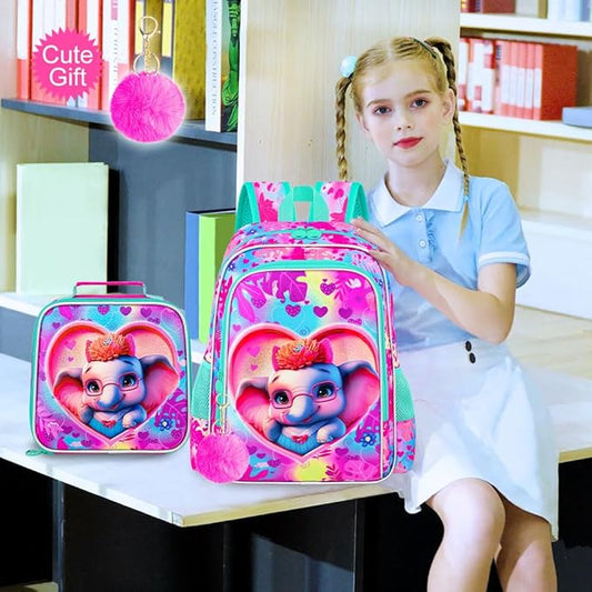 16" Girls Backpack, 3Pcs Elephant School Bookbag with Lunch Box, Kids Backpacks for Elementary Preschool Kindergarten(Pink)