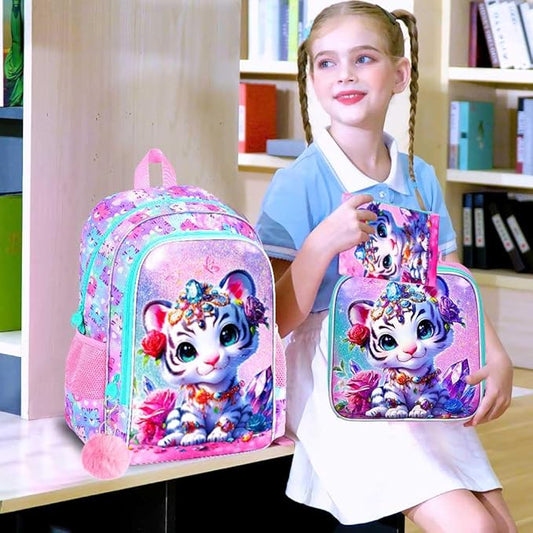 16" Girls Backpack, 16" Kids Bookbag with Lunch Box,Tiger School Backpacks for Elementary Preschool Kindergarten (Pink)