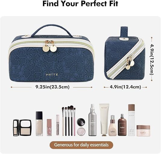 Prite Travel Cosmetic Bag Makeup Organizer Bag For Women Large Capacity Waterproof PU Leather Toiletry Bag with Handle and Clear Divider(Blue Flower)