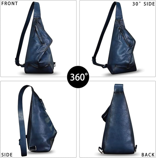 Genuine Leather Sling Bag for Men and Women Vintage Full Grain Leather Sling Purse Chest Daypack Over Shoulder Crossbody Bag (Navy)