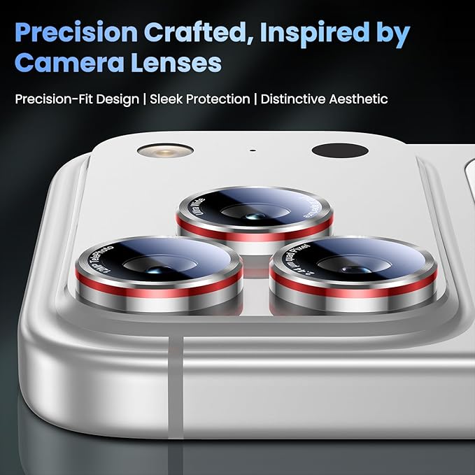 Uyiton for iPhone 17 Pro Max/17 Pro/16 Pro Max/16 Pro/15 Pro Max/15 Pro/14 Pro Max/14 Pro Camera Lens Protector - Military-Grade Tempered Glass Metal Camera Cover, Easy to Install, Silver+Red