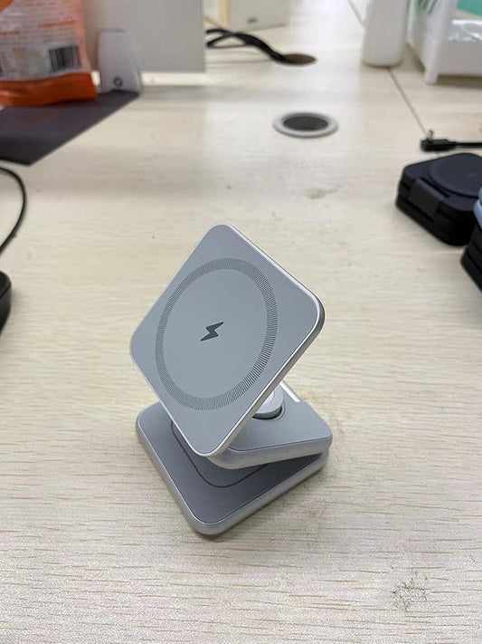 Foldable Magnetic Wireless Charger, KU XIU X40 Aluminum Alloy 3-in-1 Charging Station for Apple, Fast Charging Travel Charger for iPhone 16 15 14 13 12Series, 5W Apple Watch 1-10/Ultra, AirPods,Silver