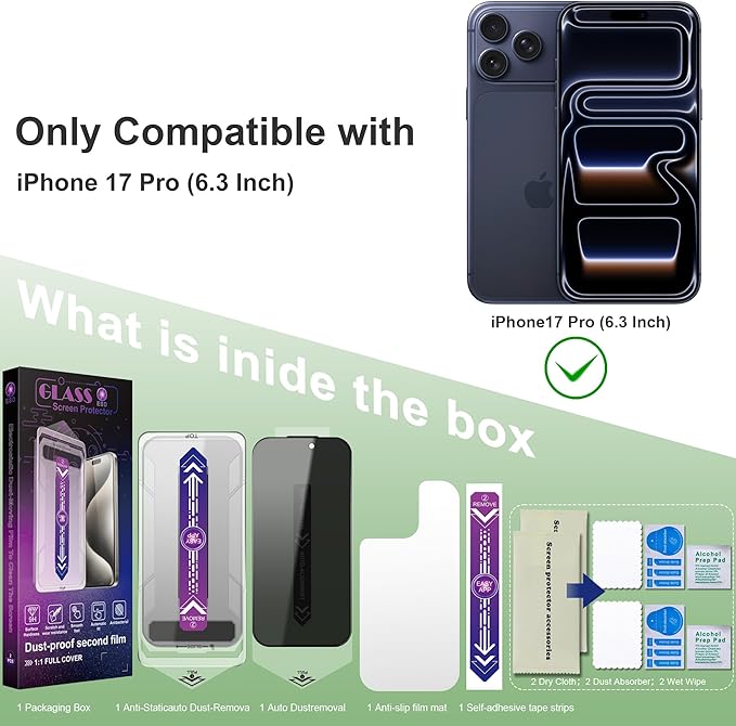 Privacy Screen Protector for iPhone 17 Pro 6.3-Inch, Auto Dust Removal, 9H Tempered Glass, Full Cover, Anti-Fingerprint, Easy Installation,2 Pack