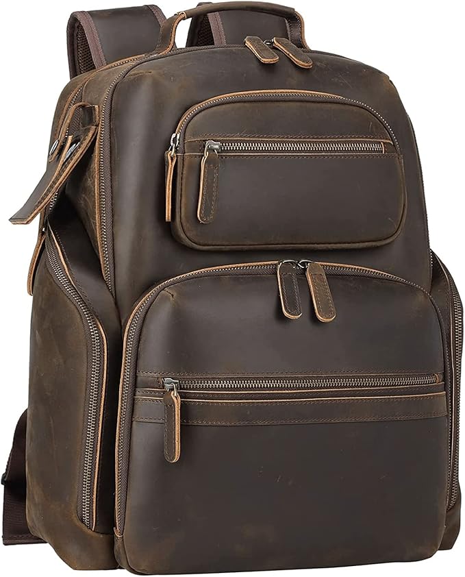 TIDING Men's Vintage Leather 15.6" Laptop Backpack Multi Pockets Travel Rucksack Business Overnight Daypack