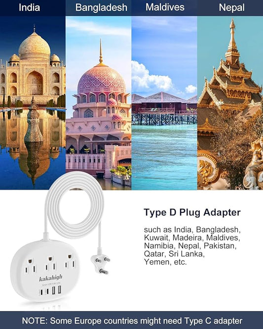 India to US Plug Adapter, India Plug Adapter with 3 American Outlets 4 USB Ports (2 USB-C) Total 24W, Type D Travel Adapter for USA to India Bangladesh Maldives Nepal Pakistan