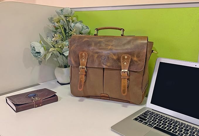 RUSTIC TOWN Leather Canvas Messenger Bag for Men Women - Vintage Laptop Satchel Leather Briefcase (14 Inch, Olive Green)