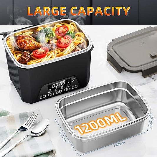 Cordless Electric Lunch Box, 1.2L Self Heating Lunch Box Battery Powered with Automatic Heating, BPA Free, Meal Prep Friendly (Black)