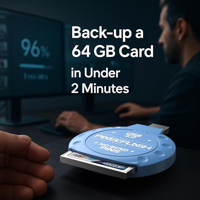 PixelFlash CF Card Reader USB C (Blue) - Compact Flash Memory Card Reader with Cabled Type-C USB 3.1, 5GB/s File Transfer, No-Bend Pins Technology, Supports UDMA-7, Anti-Slip & Anti-Scratch Exterior