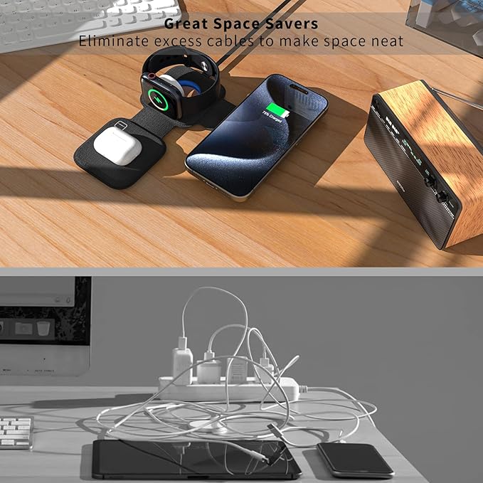 3-in-1 Magnetic Wireless Charging Station, Cell Phone Charger Stand, Black