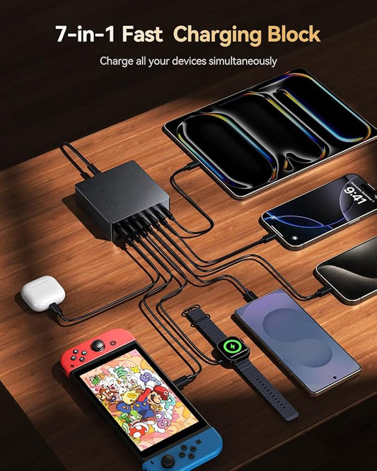 USB C Charger Block, 140W GaN III 7-Port Fast Charging Station for Multiple Devices, PD 3.0 USB Wall Charger Power Strip Charging Hub Travel Adapter Plug for iPad iPhone Samsung, 2 Pcs