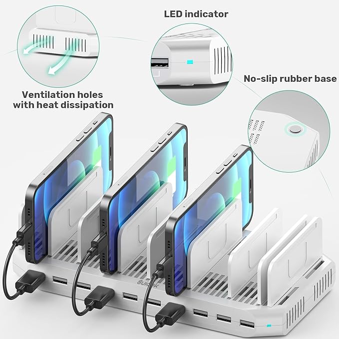 60W 10 Ports USB Charging Station for Multiple Devices, Multiple Charging Station with Adjustable Dividers Compatible with Tablets, Kindle, Smartphones