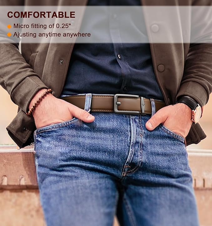 BULLIANT Men Ratchet Belt 2 Pack, Click Sliding Leather Belt Adjustable for Gift Men Dress Casual Jeans 1 3/8,Cut for Fit