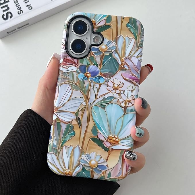 QLTYPRI Flower Case for iPhone 16 Plus, Aesthetic Cute Floral Phone Case for Girls Women, Protective Hybrid 2-Layer Hard Shell Silicone Cover Durable Shockproof Phone Cover - Bloom Flower