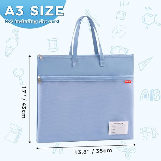 Pendancy Mesh Zipper Pouch A3 Size, Large Double Pocket Waterproof File Bag with Handle, 13x17 in Foldable Document Storage for Puzzle Project/Cross Stitch/Travel/Office(Advanced Blue)
