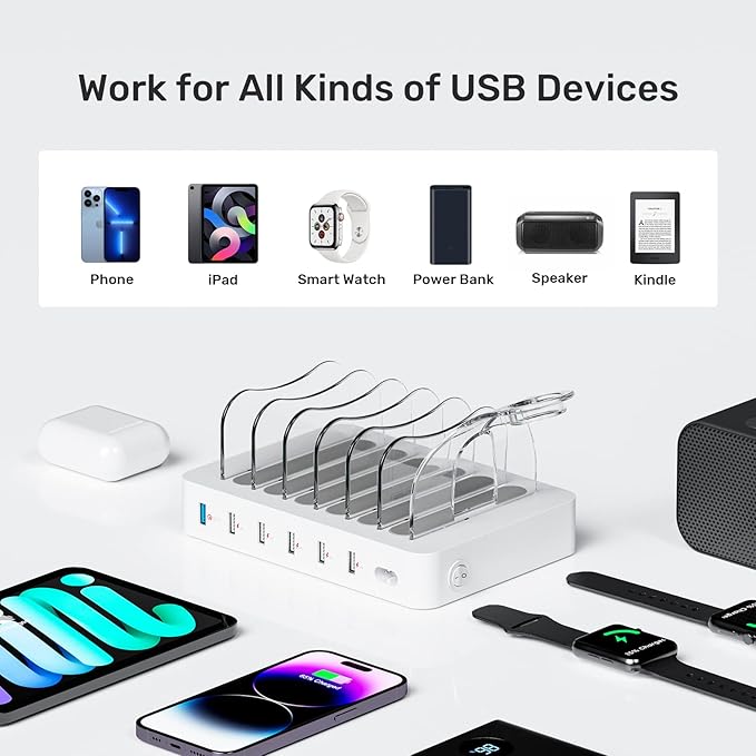Unitek Fast Charging Station for Multiple Devices, 60W 6 Ports Charging Dock with QC 3.0, USB Charging Station Organizer with 7 Short Charging Cables for Phones, Tablets, and Other Electronics
