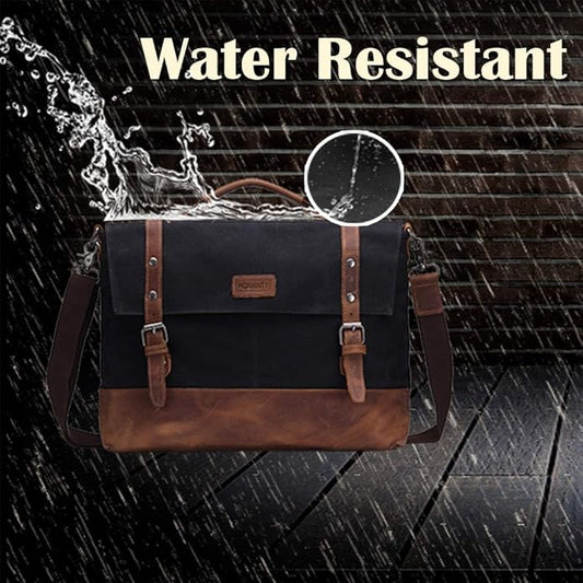 Laptop Messenger Bag 15.6" for Men Waxed Canvas Vintage Leather Business Briefcase Shoulder Bags Waterproof