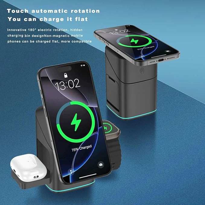 3-in-1 Qi2 Wireless Charger for iPhone/iWatch/AirPods | 15W Fast Charging with Auto-Align Magnetic Design | Smart LED Light & 180°Rotation | Premium Aluminum Alloy (Black)