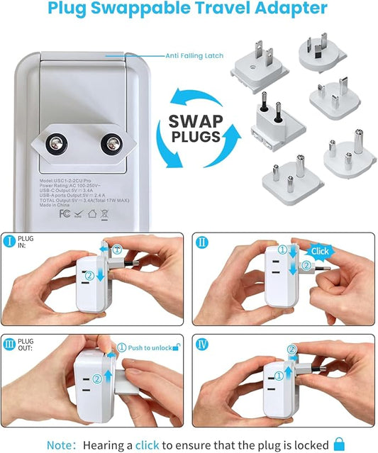 VINTAR Universal Travel Adapter Kit, International Power Adapter with 3 USB Ports (2 USB C) 4 AC Outlets, Type A,C,G,D,I,M Detachable Attachments, Travel Adapter Worldwide for US/EU/UK/India/Africa