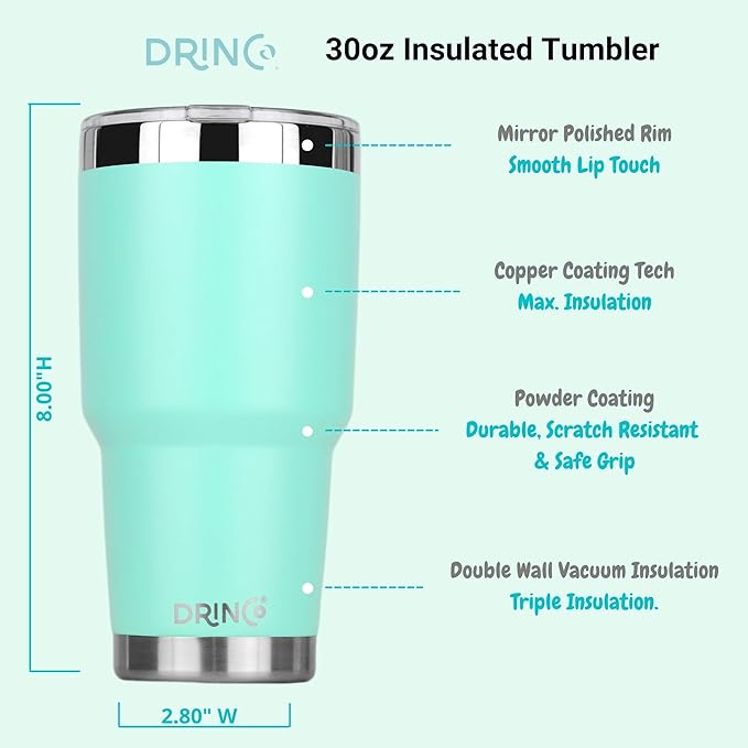 Drinco - 30 oz Stainless Steel Tumbler | Double Walled Vacuum Insulated Mug With Lid, 2 Straws, For Hot & Cold Drinks (30oz Teal, 30oz)