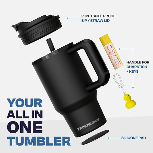 Frost Buddy Thicc Buddy - 16 oz Stainless Steel Vacuum Insulated Tumbler with Lid and Straw for Water - Travel Mug Cupholder Friendly - Gifts for Women Men Him Her (Black)
